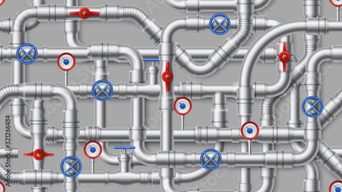 Industrial pipeline pattern. Steel water pipes, metal pipe with valve seamless vector background illustration. Modern backdrop with interwoven conduits for water supply, drainage, plumbing system.