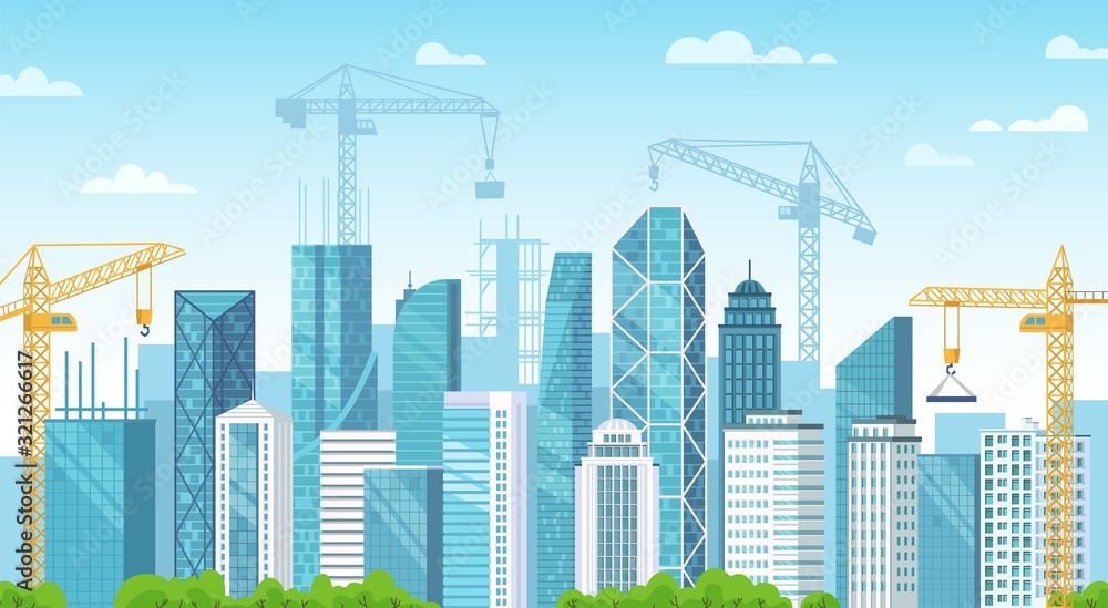 Builded city. City under construction, building foundations and construction cranes build buildings cartoon vector illustration. Urban development. Panoramic street view with modern skyscrapers.