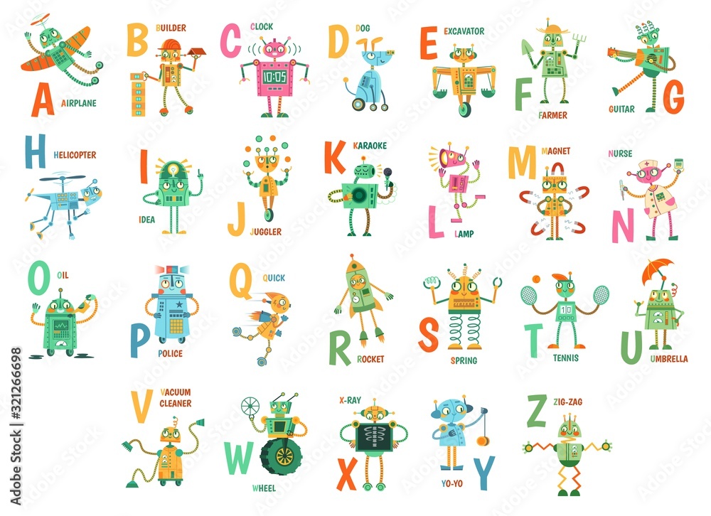 Cartoon robots alphabet. Funny robot characters, ABC letters for kids and education poster with robotic friend mascots vector illustration set. Cute androids and english words placed alphabetically.