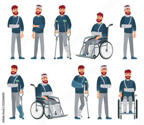 Man with injury. Wheelchair man with broken arm and leg in gypsum. Sad male character with different accident injuries vector cartoon illustration. Unhappy handicapped guy with bandage and crutches.