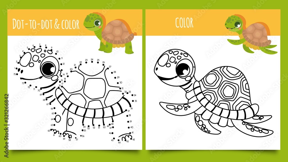 Turtle games. Dot by dot and coloring game with cute turtles vector illustration. Funny happy tortoises drawn with contour lines. Puzzle or riddle for children with aquatic and terrestrial reptiles.