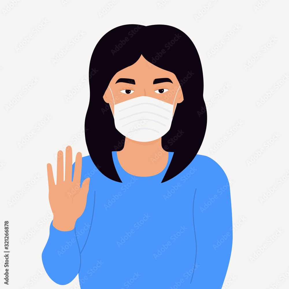 Coronavirus in China. Novel virus 2019-nCoV. Chinese woman in white medical face mask shows a stop gesture. Concept of quarantine, prevent infection Coronavirus in China. Novel virus 2019-nCoV. Chinese woman in white medical face mask shows a stop gesture. Concept of quarantine, prevent infection