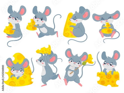 Cartoon mouse with cheese. Cute little mouses, funny mouse mascot and mice steal cheese vector set. Collection of happy rodents eating snacks. Bundle of little adorable joyful animals with food.