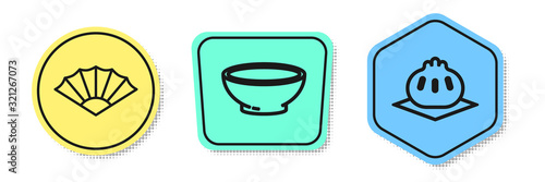 Set line Paper chinese or japanese folding fan, Bowl of hot soup and Khinkali on cutting board. Colored shapes. Vector