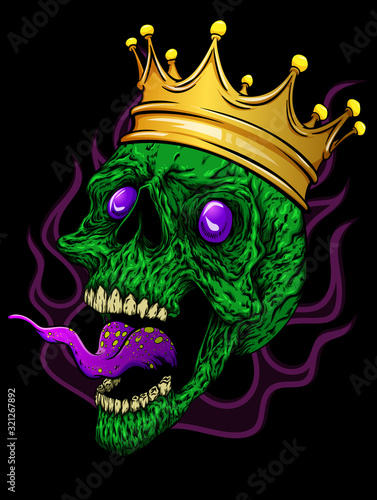 Screaming skull with crown poster design. Hand drawn vector illustration of green scary skull on black background with flames.