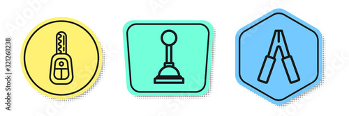 Set line Car key with remote, Gear shifter and Car battery jumper power cable. Colored shapes. Vector