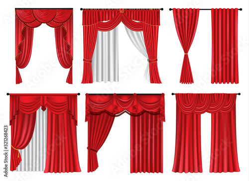 Set of red luxury curtains and draperies on white background