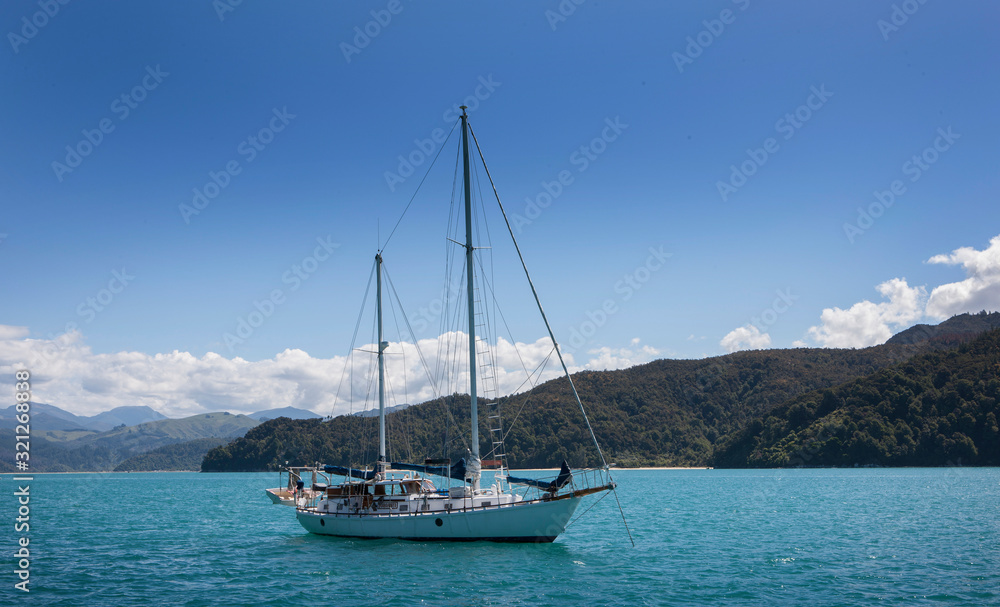 Sailing at Abel Tasman national Park. Coast New Zealand. At sea sailing