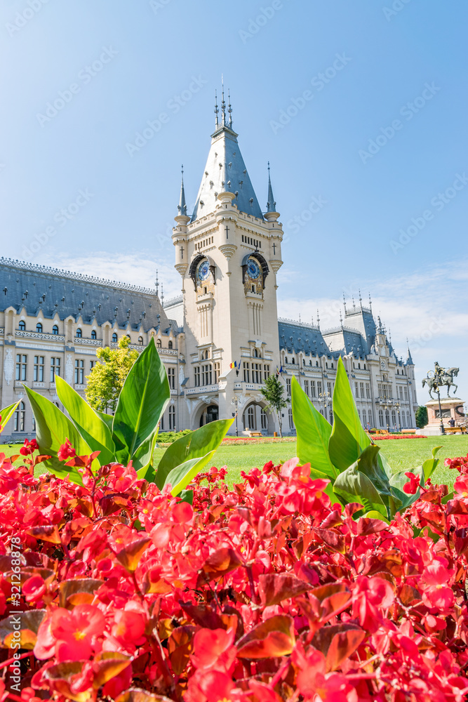The Palace of Culture in Iasi, Romania. Front view from the Palace Square of The Palace of Culture, the symbol of the city of Iasi on a sunny summer day. Palace of Iasi