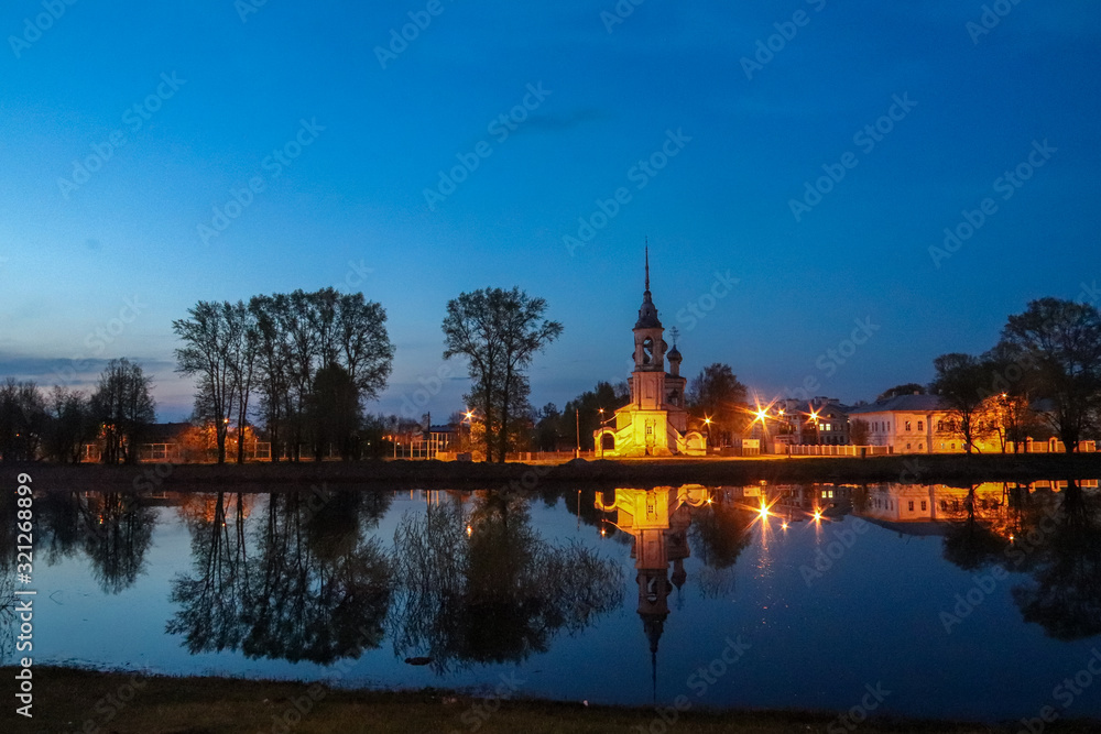Spring in Vologda. Night scene. Church of the meeting of the Lord. Reflection i Spring in Vologda. Night scene. Church of the meeting of the Lord. Reflection i