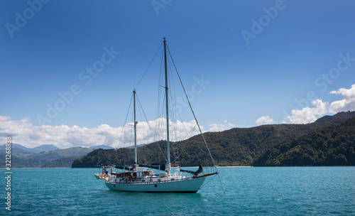 Sailing at Abel Tasman national Park. Coast New Zealand. At sea sailing