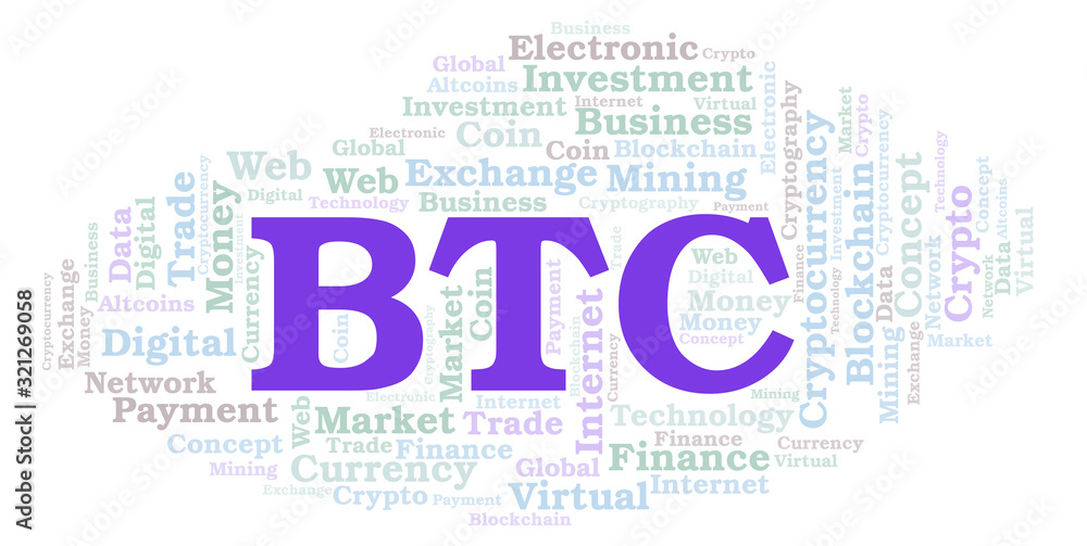 BTC or BitCoin cryptocurrency coin word cloud. BTC or BitCoin cryptocurrency coin word cloud.