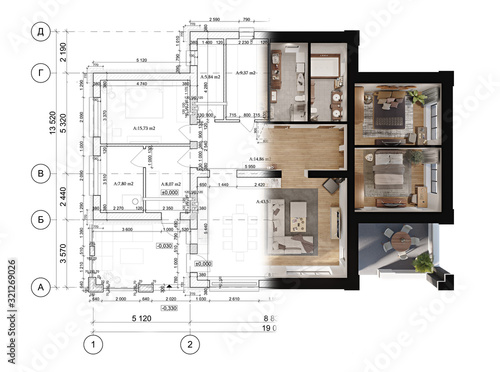 3d rendering of a modern private house located on the architectural technical drawing photo