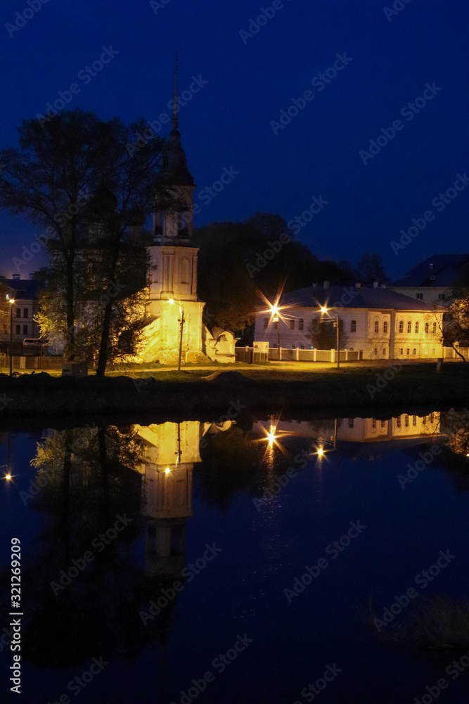 Spring in Vologda. Night scene. Church of the meeting of the Lord. Reflection i