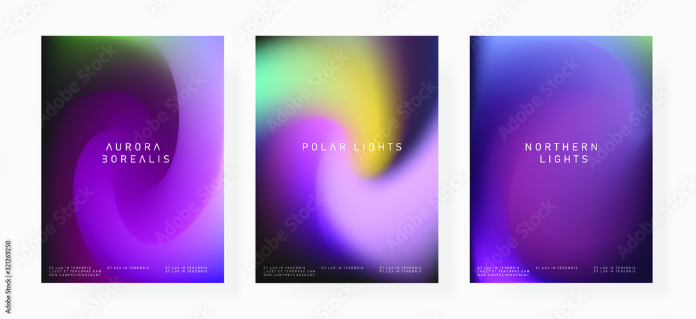 Set of posters with Northern lights gradient. Luminescence of Aurora Borealis.