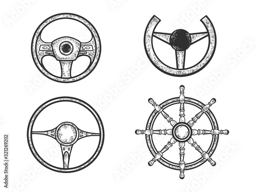 Steering wheel set sketch engraving vector illustration. T-shirt apparel print design. Scratch board imitation. Black and white hand drawn image.