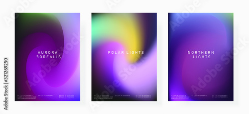 Set of posters with Northern lights gradient. Luminescence of Aurora Borealis.