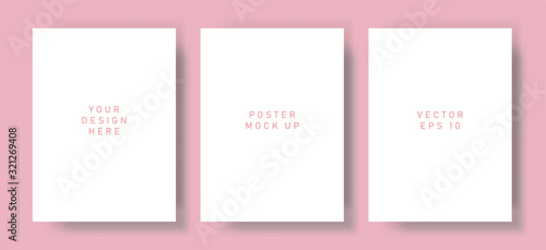 White blank poster with drop shadows hanging on wall. Empty paper sheet on binders, A4 page mockup. Vector illustration
