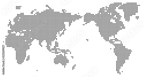 四角いドットで構成された世界地図-白黒色