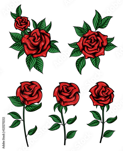Set of flowers. Vector illustration of red roses, buds and green leaves in traditional ink style. Floral arrangement. Isolated on white background.