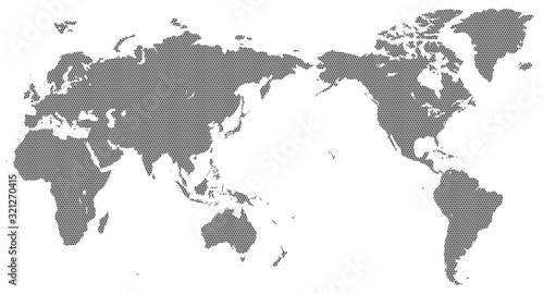 6角形ドットで構成された世界地図-白黒色