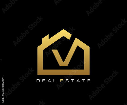 Golden V House Logo Design, Real Estate Icon.