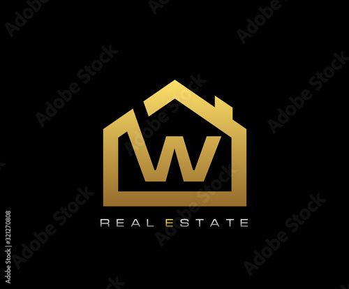 Golden W House Logo Design, Real Estate Icon.
