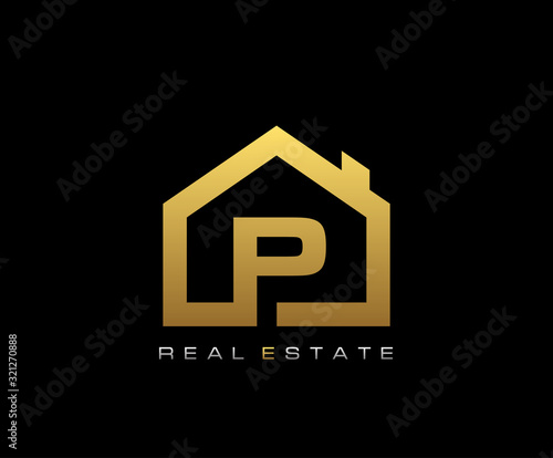 Golden P House Logo Design, Real Estate Icon.