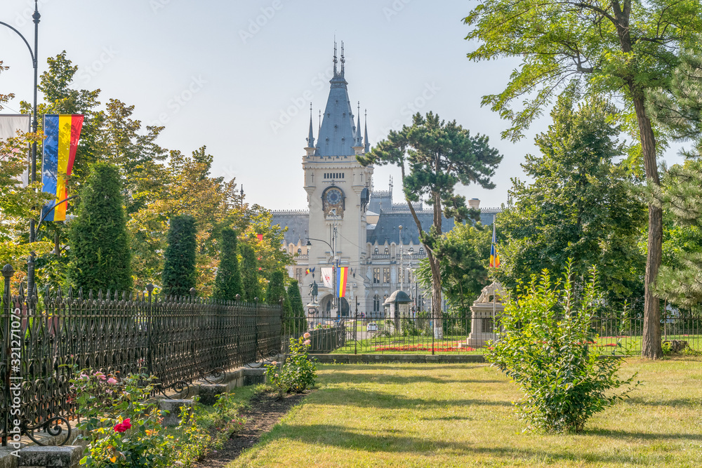 The Palace of Culture in Iasi, Romania. Front view from the Palace Square of The Palace of Culture, the symbol of the city of Iasi on a sunny summer day. Palace of Iasi