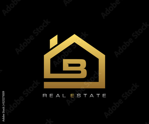 Golden B House Logo Design, Real Estate Icon.