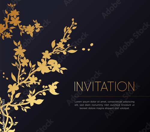 "Invitation"- luxury greeting card design. Vector illustration of decorative sakura brunch silhouette in golden gradient color on black background.
