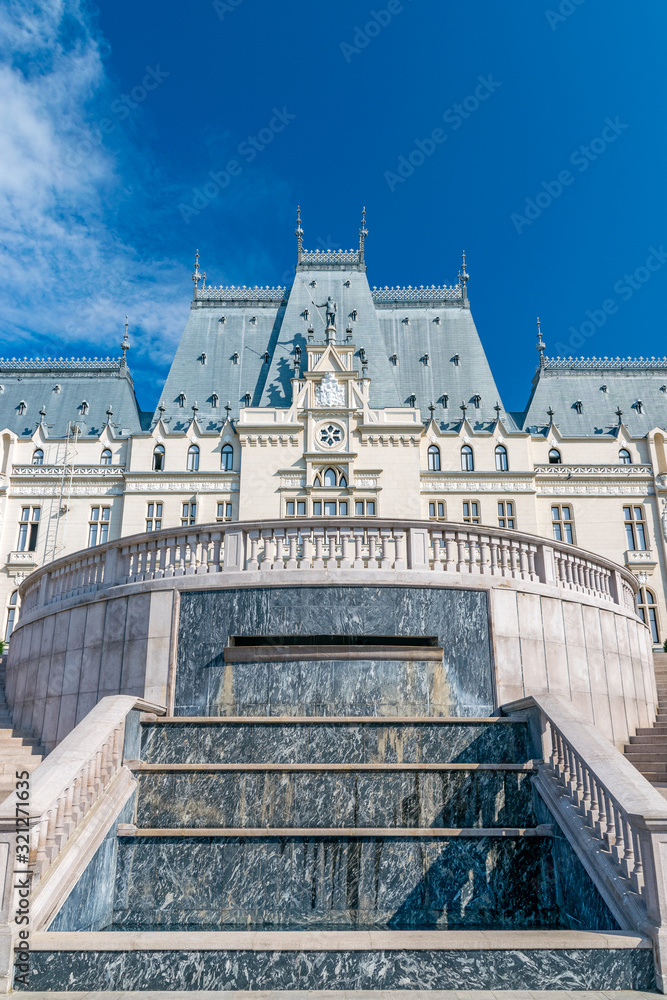 The Palace of Culture in Iasi, Romania. Rearview from the Palas Garden of The Palace of Culture, the symbol of the city of Iasi on a sunny summer day. Palace of Iasi