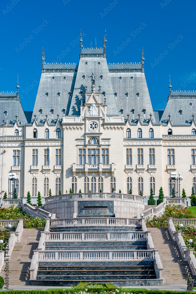The Palace of Culture in Iasi, Romania. Rearview from the Palas Garden of The Palace of Culture, the symbol of the city of Iasi on a sunny summer day. Palace of Iasi