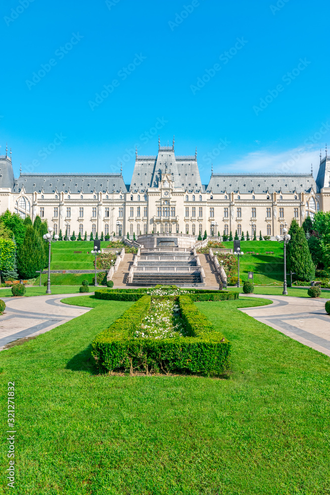 The Palace of Culture in Iasi, Romania. Rearview from the Palas Garden of The Palace of Culture, the symbol of the city of Iasi on a sunny summer day. Palace of Iasi