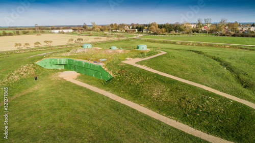 MRU World War II fortification bunker, Pniewo, near Miedzyrzecz, Poland. Entrance to the underground corridor system. German militarized zone from World War II. Aerial view.