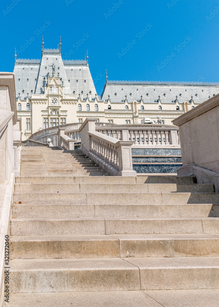 The Palace of Culture in Iasi, Romania. Rearview from the Palas Garden of The Palace of Culture, the symbol of the city of Iasi on a sunny summer day. Palace of Iasi