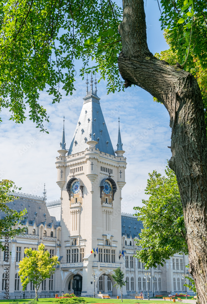 The Palace of Culture in Iasi, Romania. Front view from the Palace Square of The Palace of Culture, the symbol of the city of Iasi on a sunny summer day. Palace of Iasi