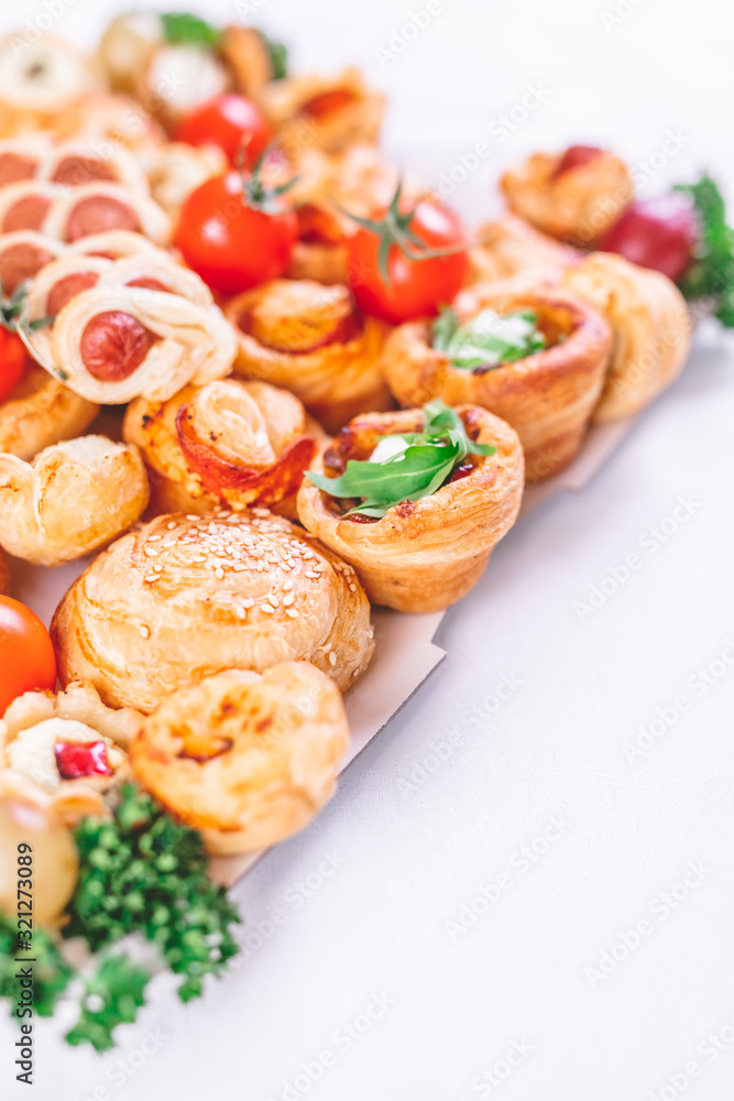 Close up of various pastry products on table. Close up of various pastry products on table.