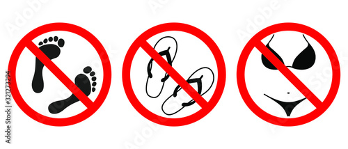 Warning banners no bare feet, open footwear and bikini. Not allowed barefoot, flip flops, swimsuits. Sign isolated on white background. Vector illustration
