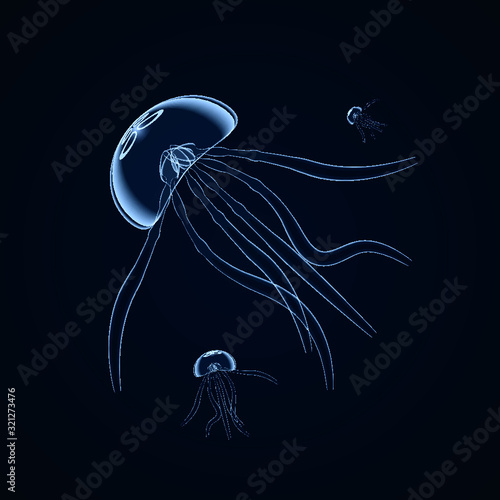 Magic glowing jellyfish underwater. Undersea world. Flock of jellyfishes swimming in the ocean. Vector.