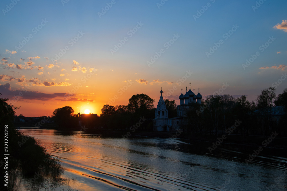 Vologda. Warm spring evening. Vologda river. Sunset scene