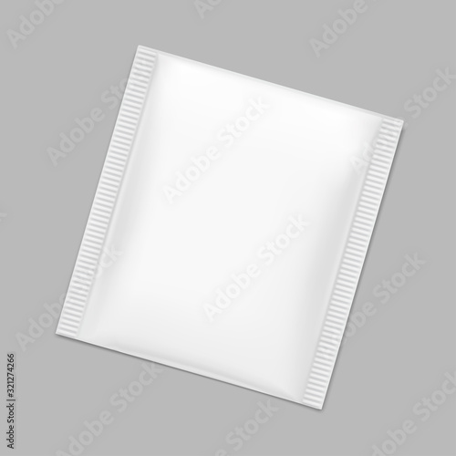 Blank sachet packaging for food, cosmetic and hygiene. Vector illustration on grey background. Ready for your design. EPS10.