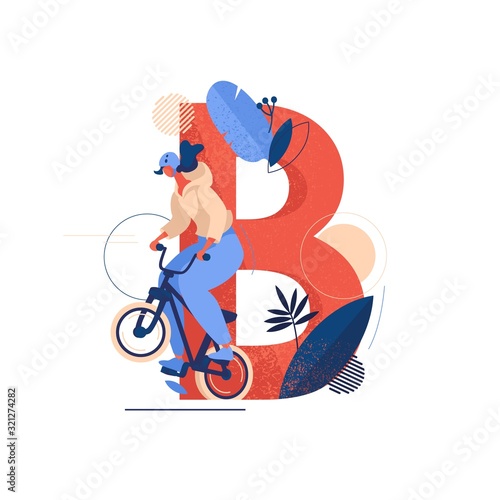 Vector concept letter B with young girl on bmx bike jumping. Sport and healthy lifestyle illustration in bright colors isolated on white background.