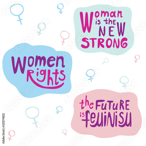 A lettering collection with the text woman is a new strong, following feminism as a concept of girls power, a vector stock illustration with syllables isolated on a white background for design