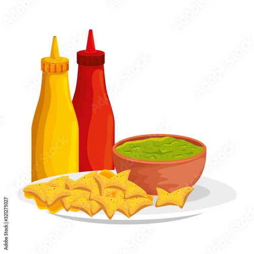 sauces with guacamole and nachos vector illustration design