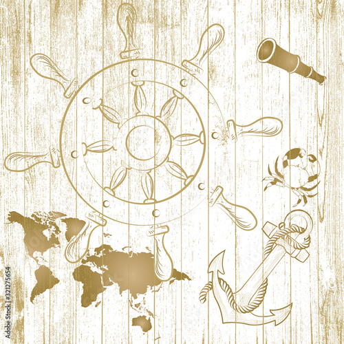 Sailors Starter Kit Nautical Pattern inspired by adventures on the seas. Shades of gold color palette. World map, ancor, ship wheel, telescope and crab ... photo