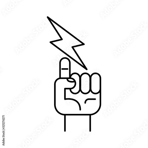 Hand with lightening bolt icon. Concept of electricity. Outline thin line flat illustration. Isolated on white background. 