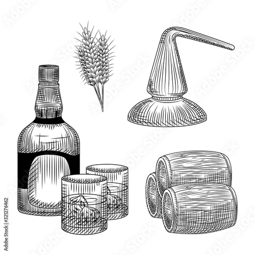 Set of whiskey production process in hand drawn style. Bottle of whiskey, glass, barrel, wheat, distillation.