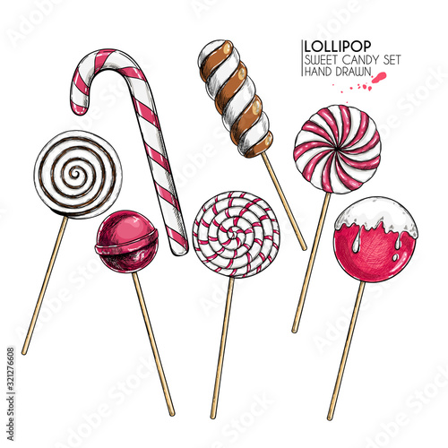 Hand drawn set of sweet candies. Twisted caramel lollipops. Vector food icons. Use for restaurant, menu, party decorating, flyer, banner. Sugar Halloween, Christmas dessert.