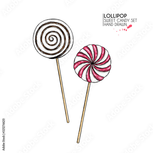 Hand drawn set of sweet candies. Twisted caramel lollipops. Vector food icons. Use for restaurant, menu, party decorating, flyer, banner. Sugar Halloween, Christmas dessert.